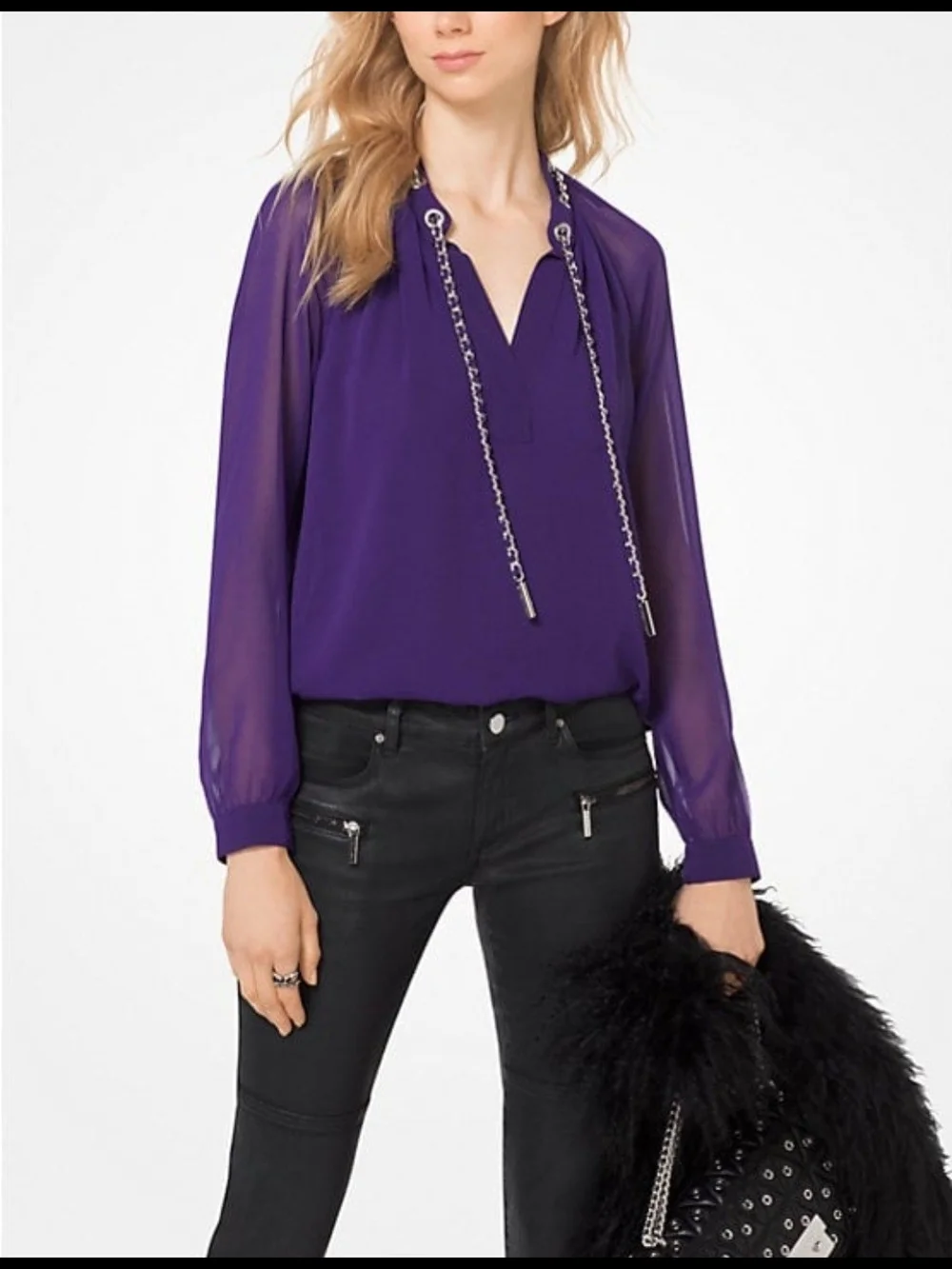 Michael Kors Purple V-Neck Long Sleeve Blouse with Chain Drawstring